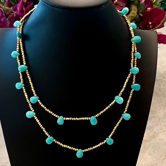 One of a kind:  Turquoise & Gold Bead Necklace - Picture 2 of 2